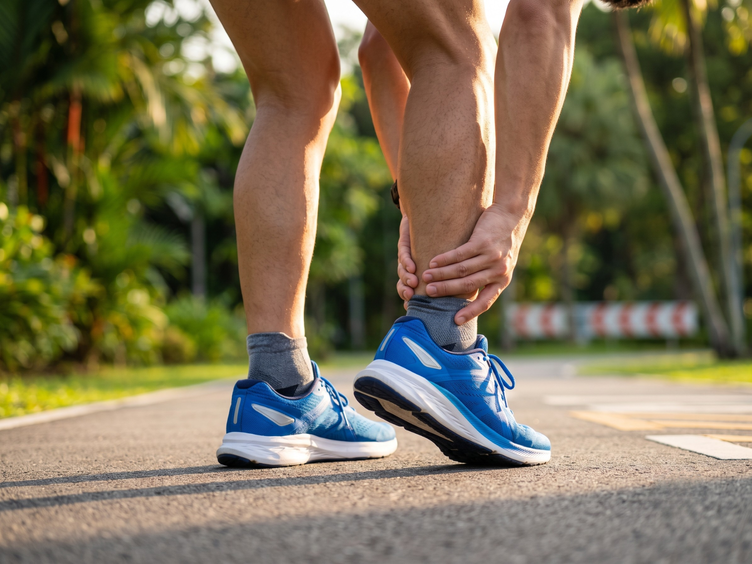 Runner stopping on a park path to hold the back of his heel and Achilles.