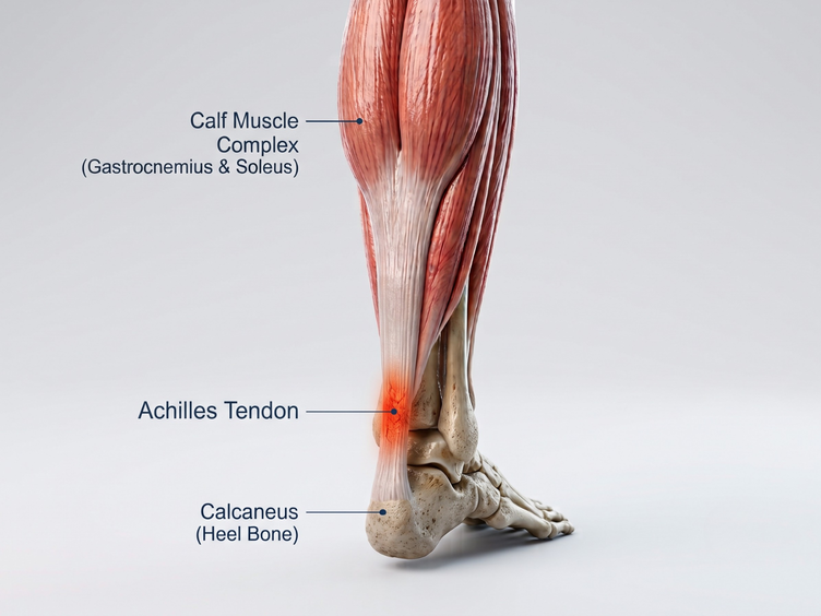 Diagram of the Achilles tendon linking the calf muscles to the heel bone.