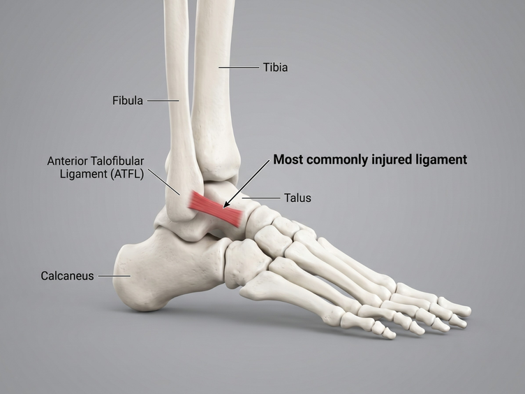 Ankle diagram showing the anterior talofibular ligament torn in sprains.