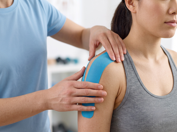 Physiotherapist applying kinesiology tape to a patient's shoulder.