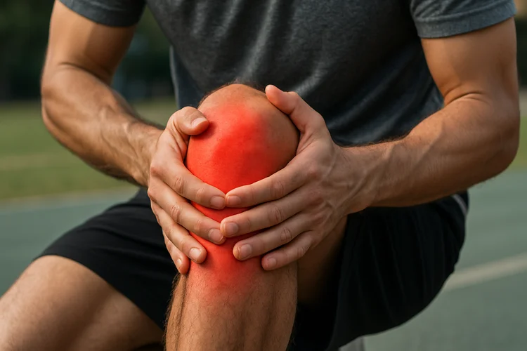 Athlete clutching knee highlighted in red to show pain and signs requiring care from sports doctor.