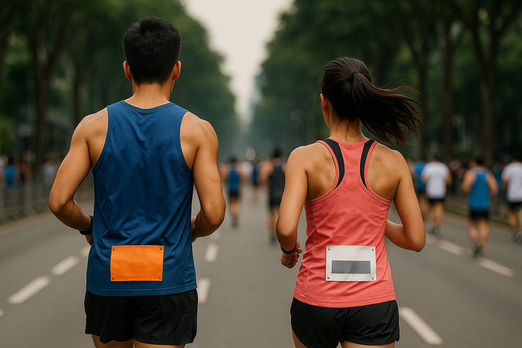 Back view of two athletes participating in a marathon event with race bibs as they continue running.