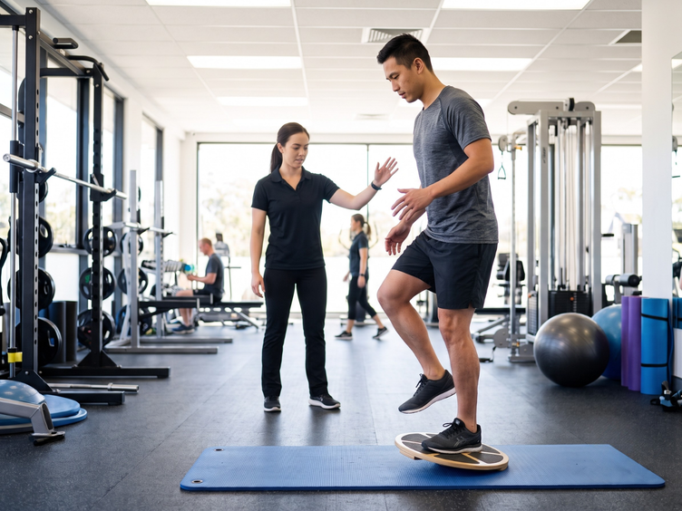Physiotherapist supervising single-leg balance board work in rehabilitation.