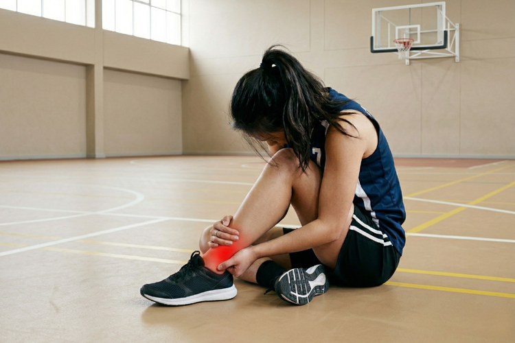 Basketball player sitting on court holding her ankle after a sports injury.