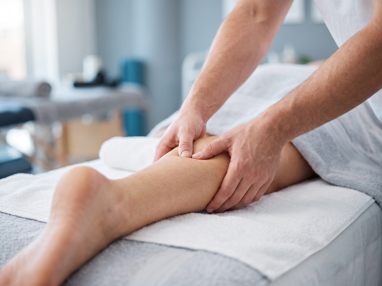 Therapist kneading a patient's calf during a sports massage on a treatment couch.