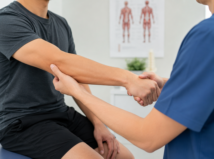 Clinician examining a patient's forearm during a tennis elbow assessment.