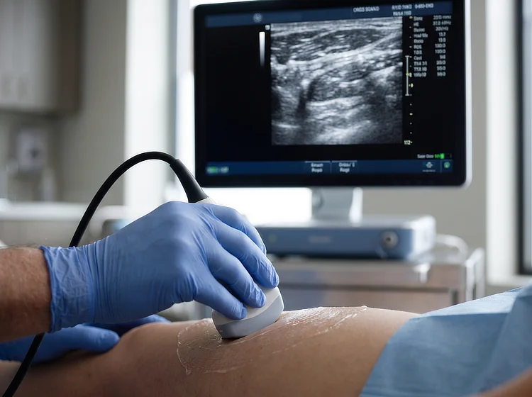 Doctor scanning a patient's leg with an ultrasound probe, with the scan shown on a monitor.