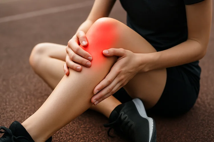 Female athlete holding knee in pain with highlight in red showing symptoms of ACL or MCL tear.