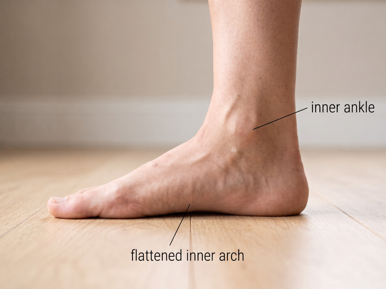 Side view of a flat foot with the flattened inner arch and ankle labelled.
