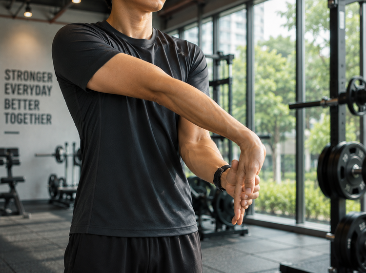 Man performing a forearm stretch in a gym to help prevent golfer's elbow.