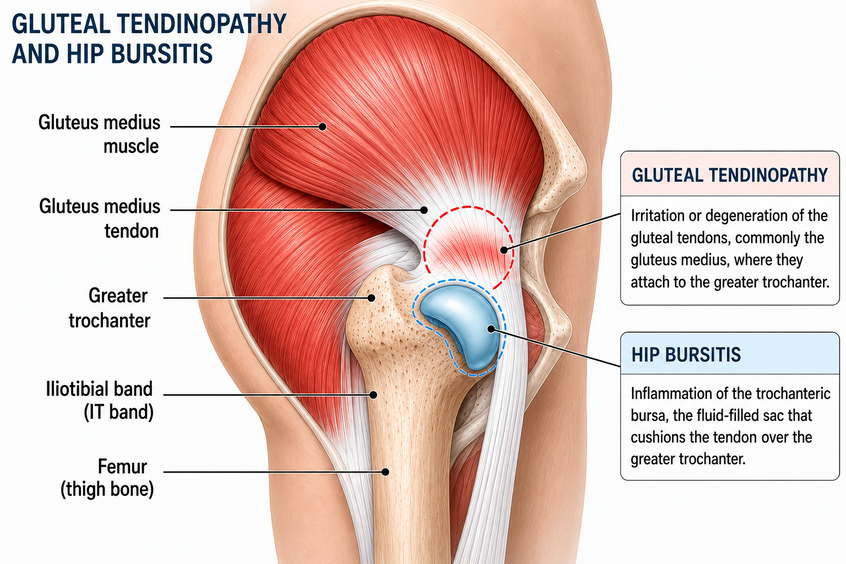 Diagram of gluteal tendinopathy and hip bursitis at the greater trochanter.