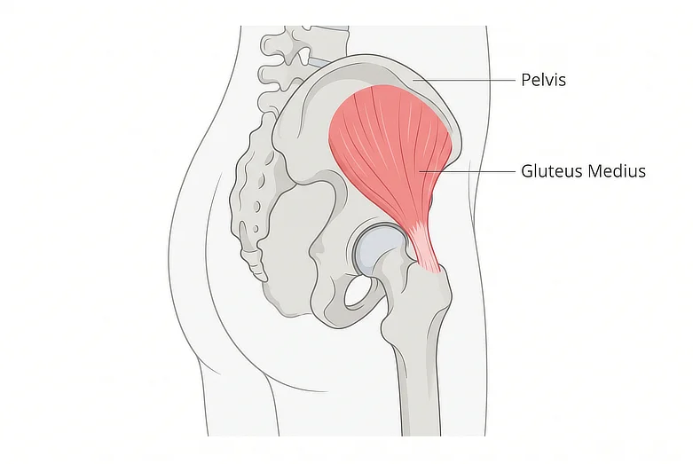 Side view of the hip showing the gluteus medius muscle running from the pelvis.
