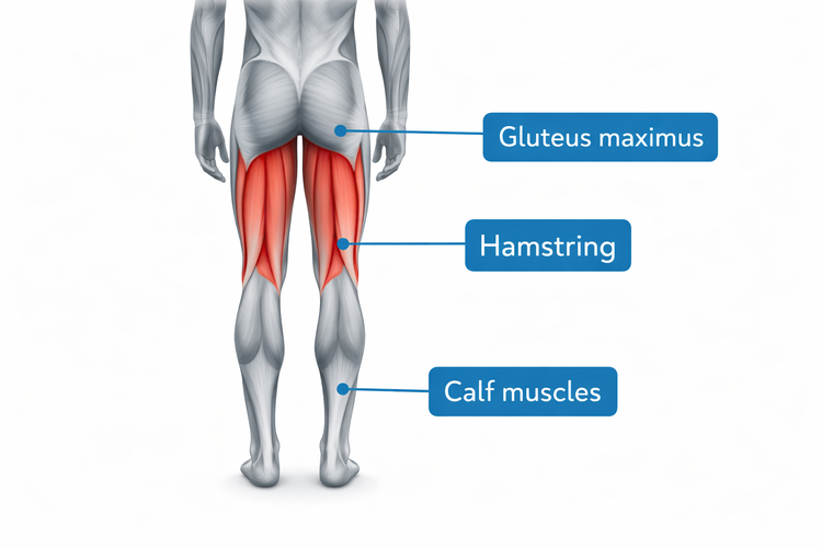 Anatomy diagram showing the hamstring muscles between the gluteus maximus and calves.