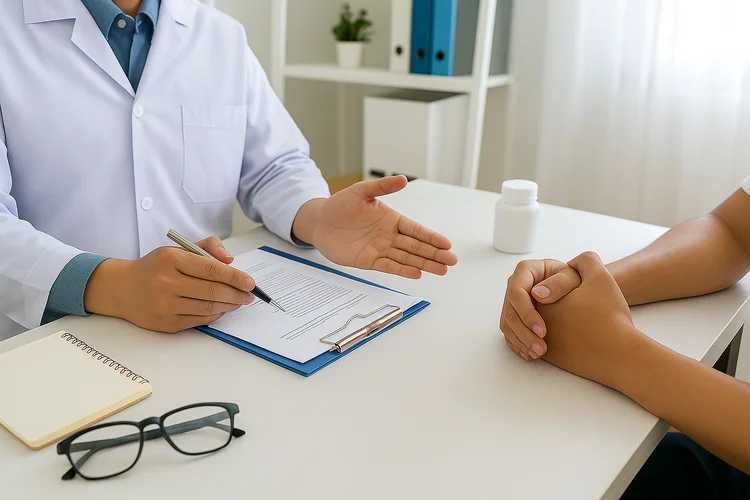 Hand specialist and patient discussing hand pain symptoms during orthopaedic consultation.