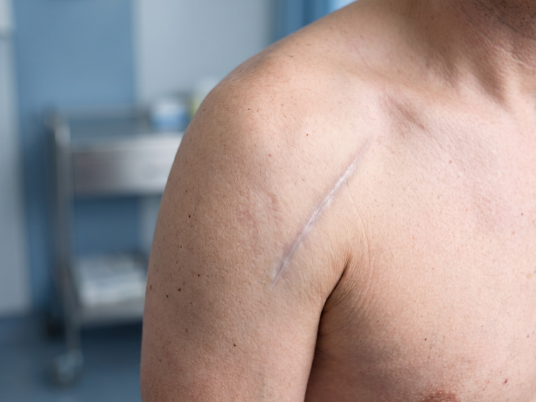 Healed scar at the front of the shoulder after open Latarjet procedure.