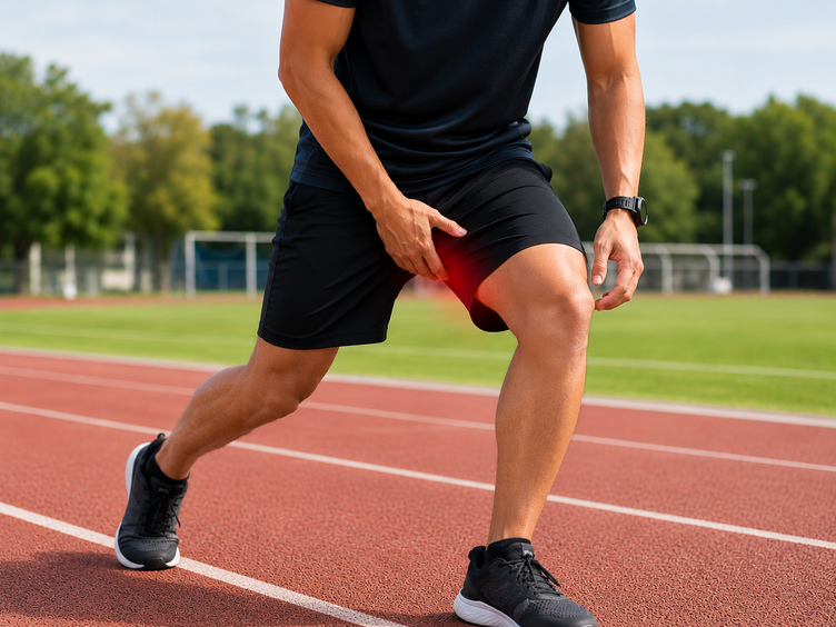 Runner gripping the front of the hip showing hip flexor or groin strain pain.