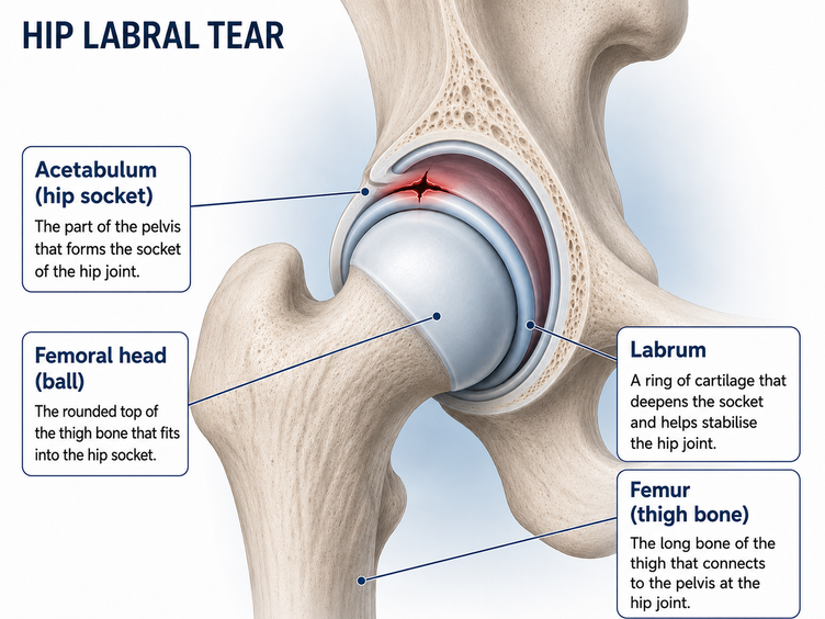 Labelled diagram of a hip labral tear showing the torn labrum in the hip socket.