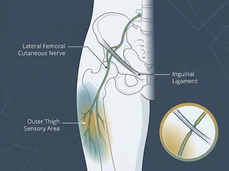 Diagram of the lateral femoral cutaneous nerve crossing the inguinal ligament.