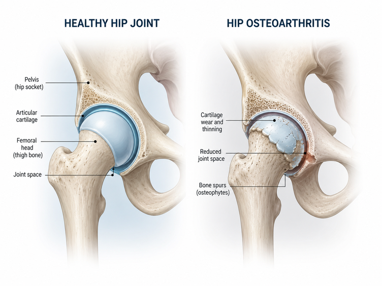 Diagram of healthy hip joint compared with hip osteoarthritis and cartilage wear.