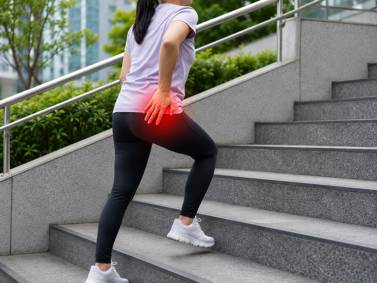 Woman pausing to hold her painful hip while climbing a set of outdoor stairs.