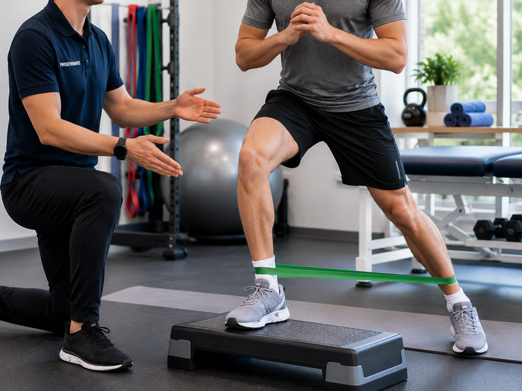 Physiotherapist guiding a hip pain patient through a resistance band exercise.