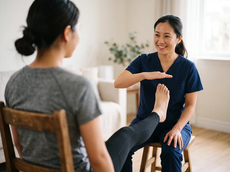 Physiotherapist guiding a woman's seated leg exercise during home physiotherapy.
