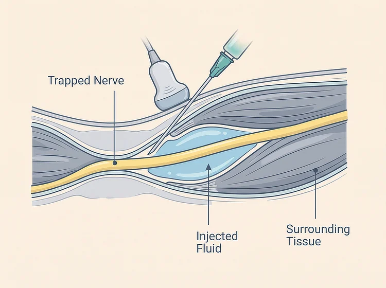 Diagram of nerve hydrodissection, with fluid injected around a trapped nerve.