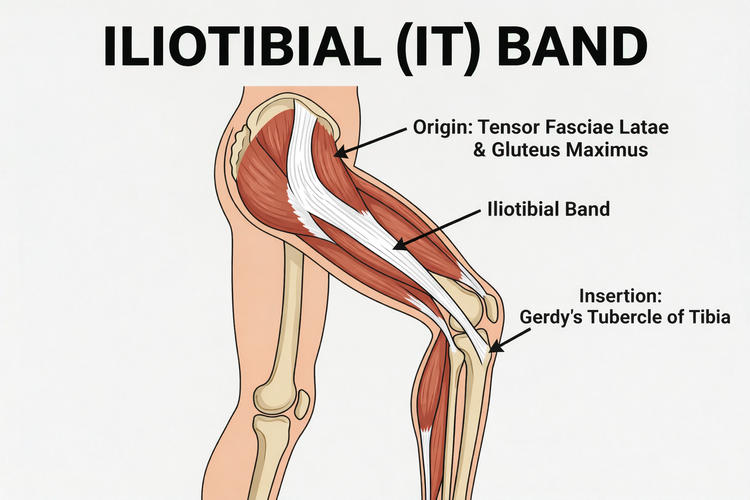 Iliotibial band anatomy diagram showing IT band from hip to knee.