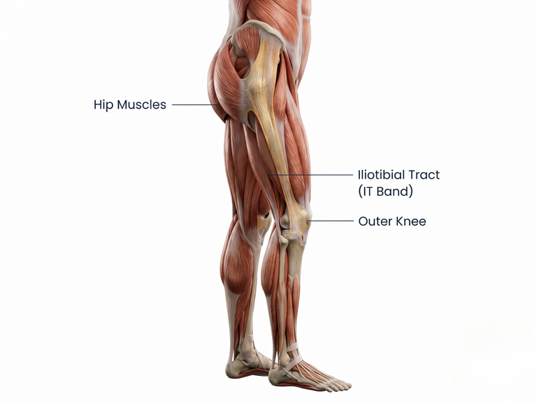 Illustration of the iliotibial band running from the hip to the outer knee.