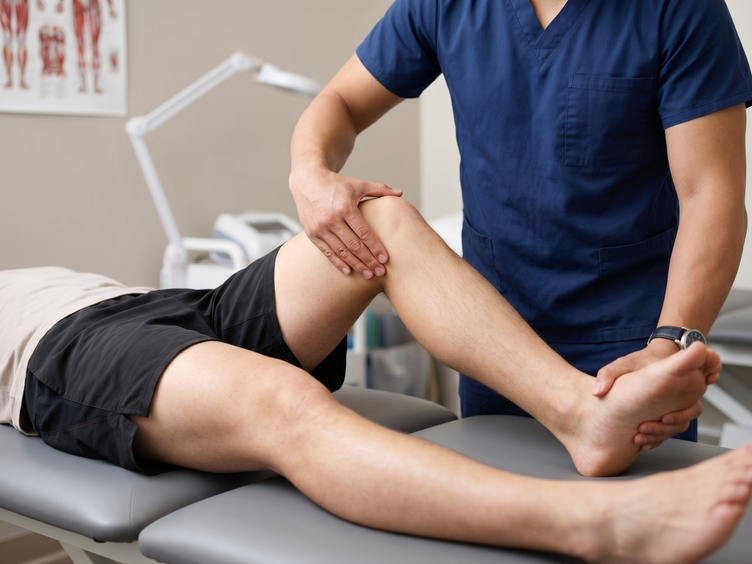 Physiotherapist assessing a patient's knee during post-surgical rehab.