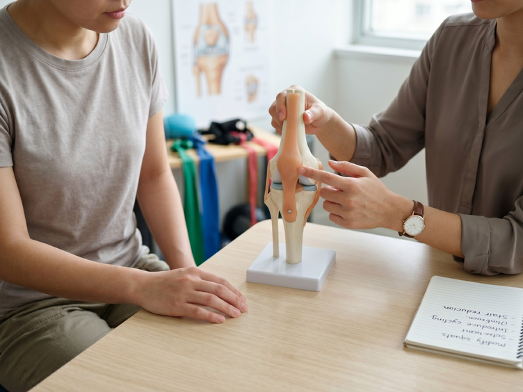 Therapist using a knee model to explain meniscus and ligament injuries.