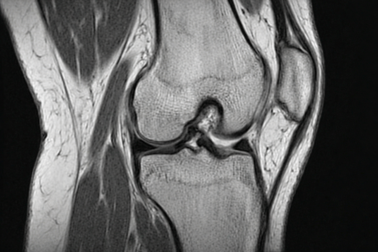 Coronal MRI scan of knee showing joint structures for injury assessment.
