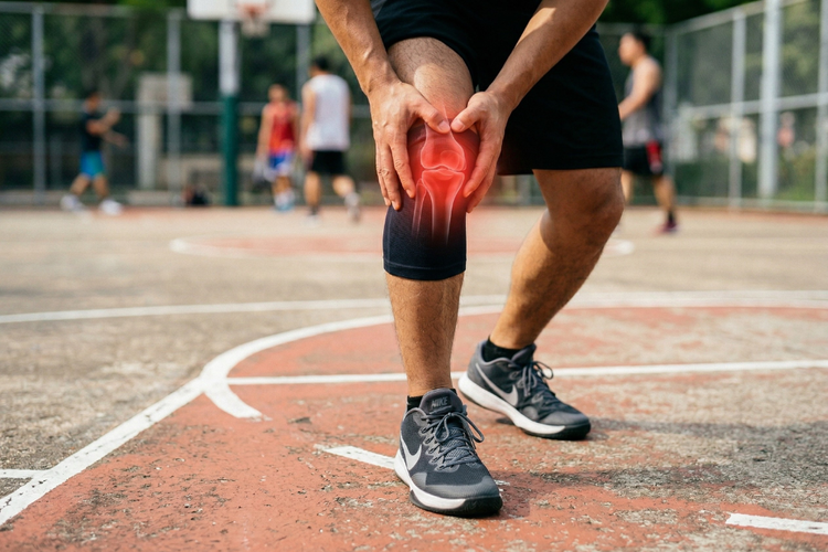 Basketball player holding knee during game, showing knee injury symptoms.