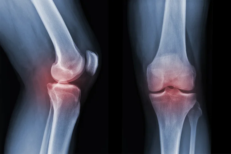 X-ray showing damaged knee joint due to arthritis, often requiring total knee replacement.