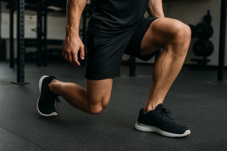 Male athlete wearing sports shoes performing lunge exercise showing importance of footwear in HYROX.