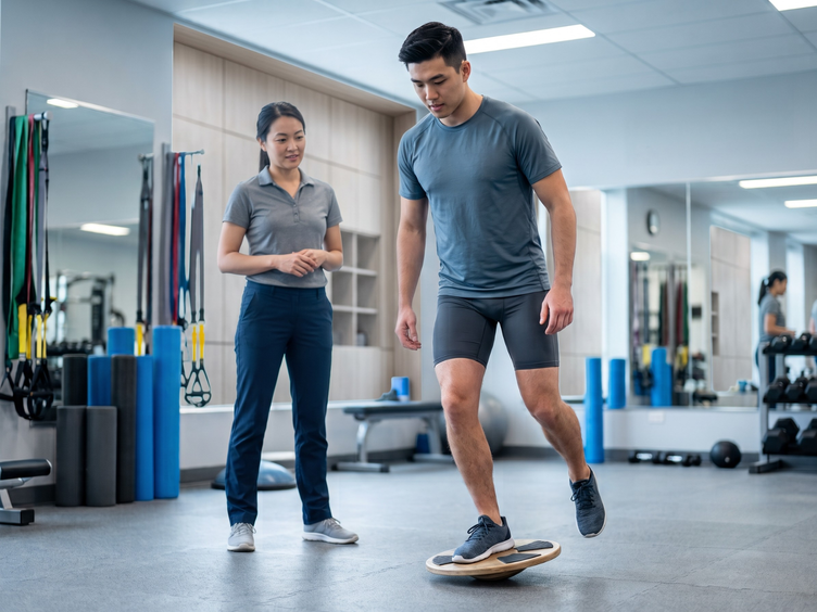 Man on a wobble board during rehabilitation with a physiotherapist watching.