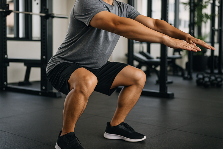 Man doing a deep squat in the gym to illustrate high-load knee movements to avoid with knee pain.