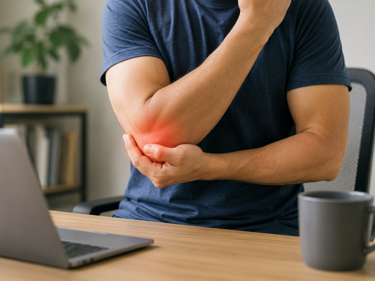 Man at a desk holding a painful elbow from overuse while working at a laptop.