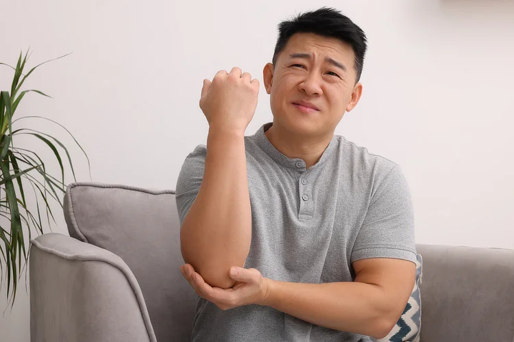Man holding elbow with redness, indicating tendon injury or joint inflammation.