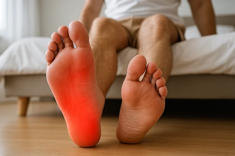 Male sitting on bed with foot pain indicating plantar fasciitis to be treated with shockwave therapy.
