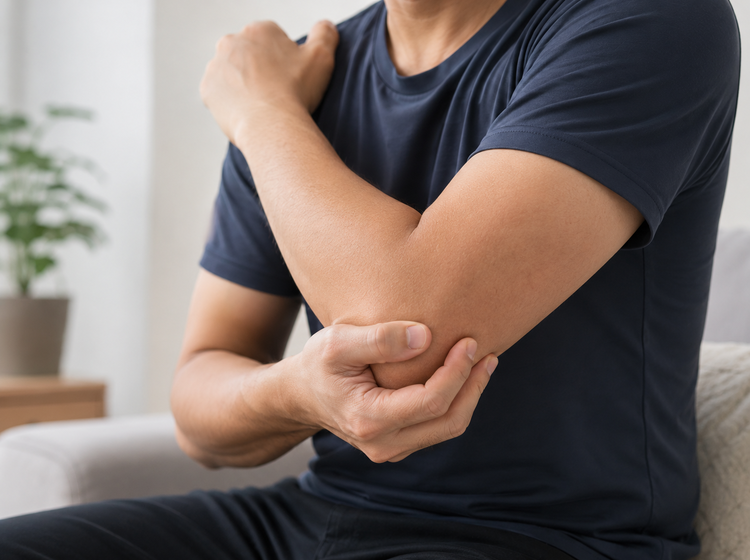 Man holding the inside of his elbow, indicating pain typical of golfer's elbow.
