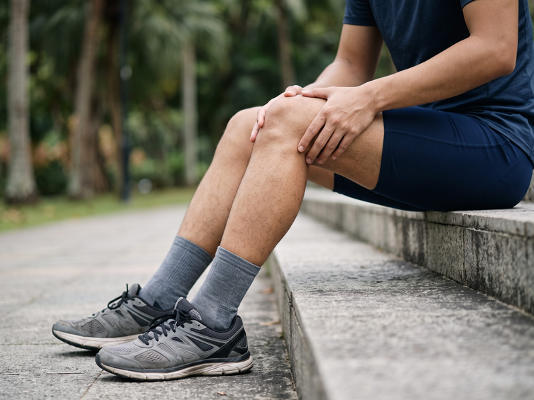 Runner sitting on outdoor steps holding his knee with patellofemoral pain.