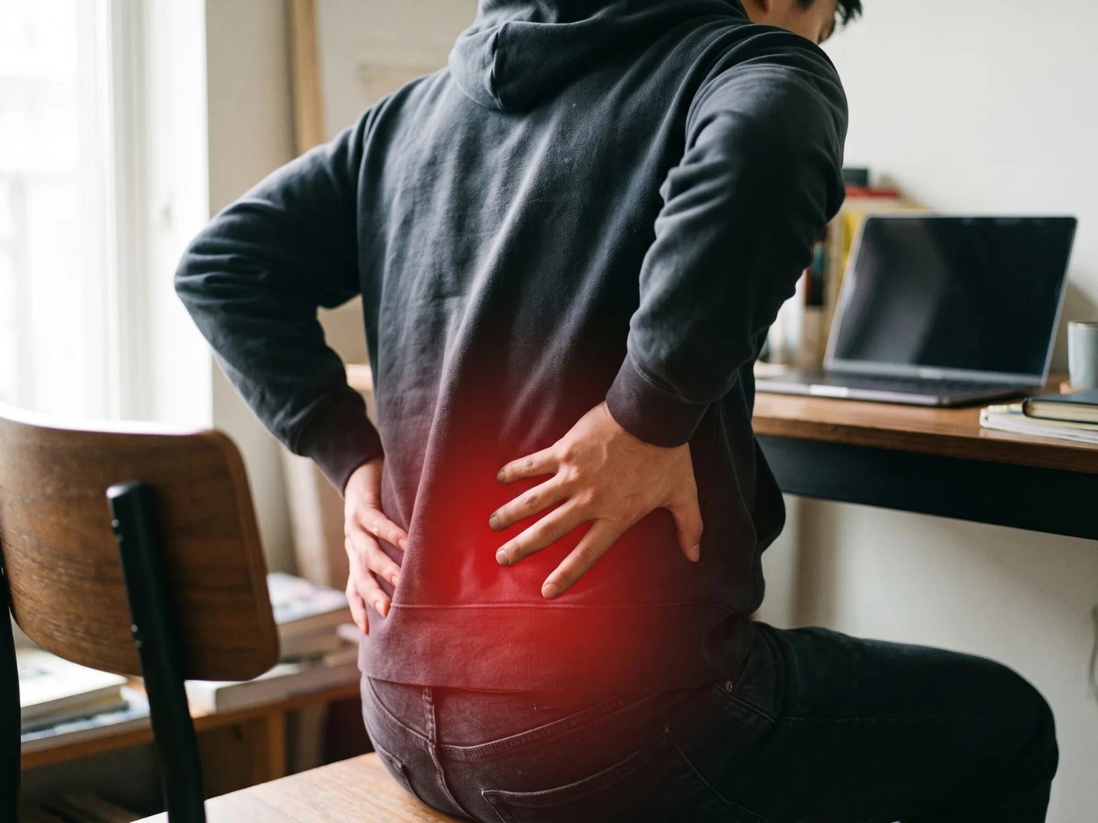 Man at a desk holding his lower back, a common source of referred hip pain.