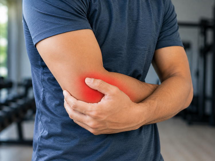 Man holding outer elbow showing pain typical of tennis elbow at a gym.