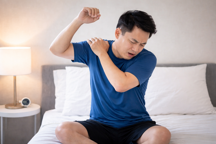 Man holding shoulder in pain in bed after waking with frozen shoulder stiffness.