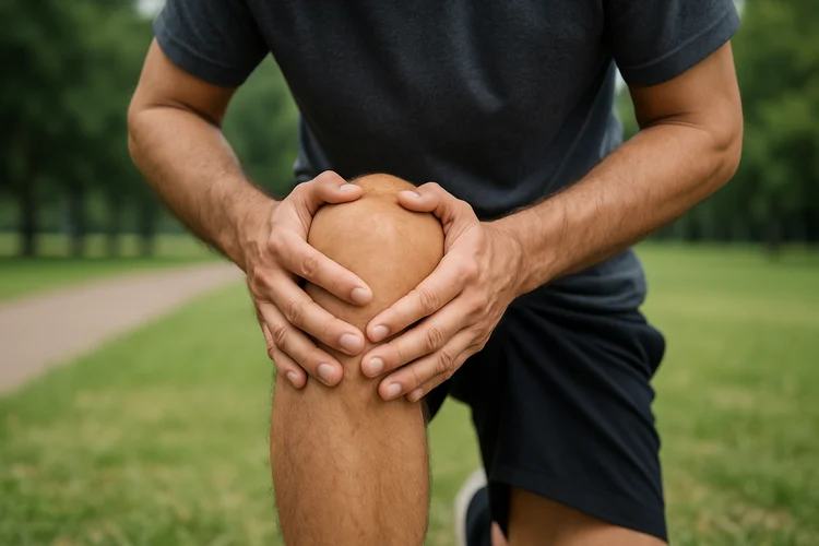 Man experiencing knee pain outdoors due to overuse, cartilage wear, or ligament and tendon strain.