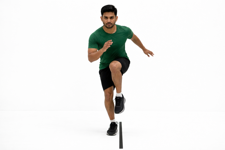 Man performing a single-leg hop plyometric exercise in a studio.