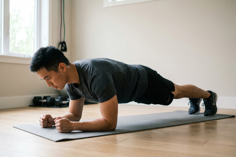 Man performing a forearm plank on a mat to strengthen his core muscles.