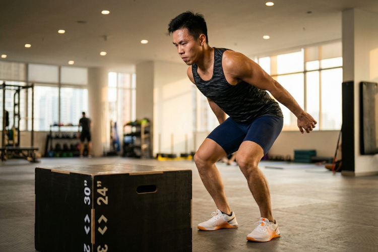 Man in a gym preparing to perform a plyometric box jump exercise.