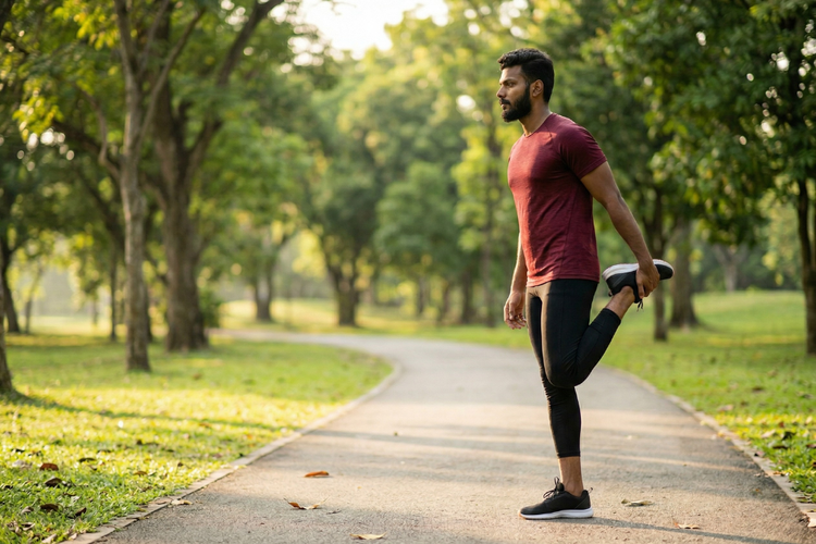Man stretching his quadricep on a park path as part of a warm-up routine.